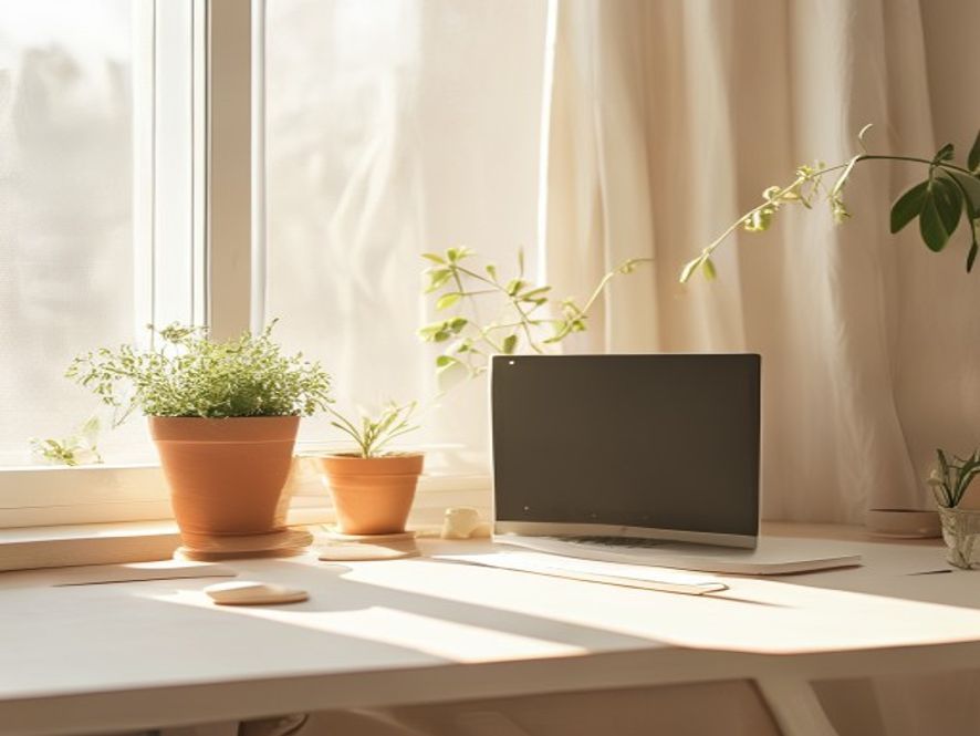 Minimalistisk kontorrum med plantekrukker og naturligt lys fra vinduer