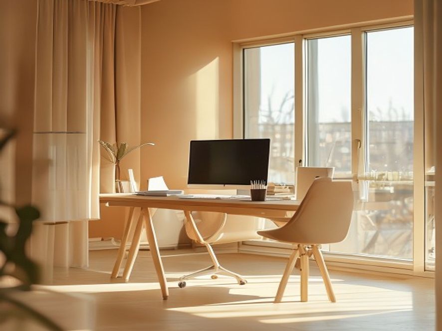 Mennesker i let bevægelse omkring en kontorplads med lyst naturligt lys